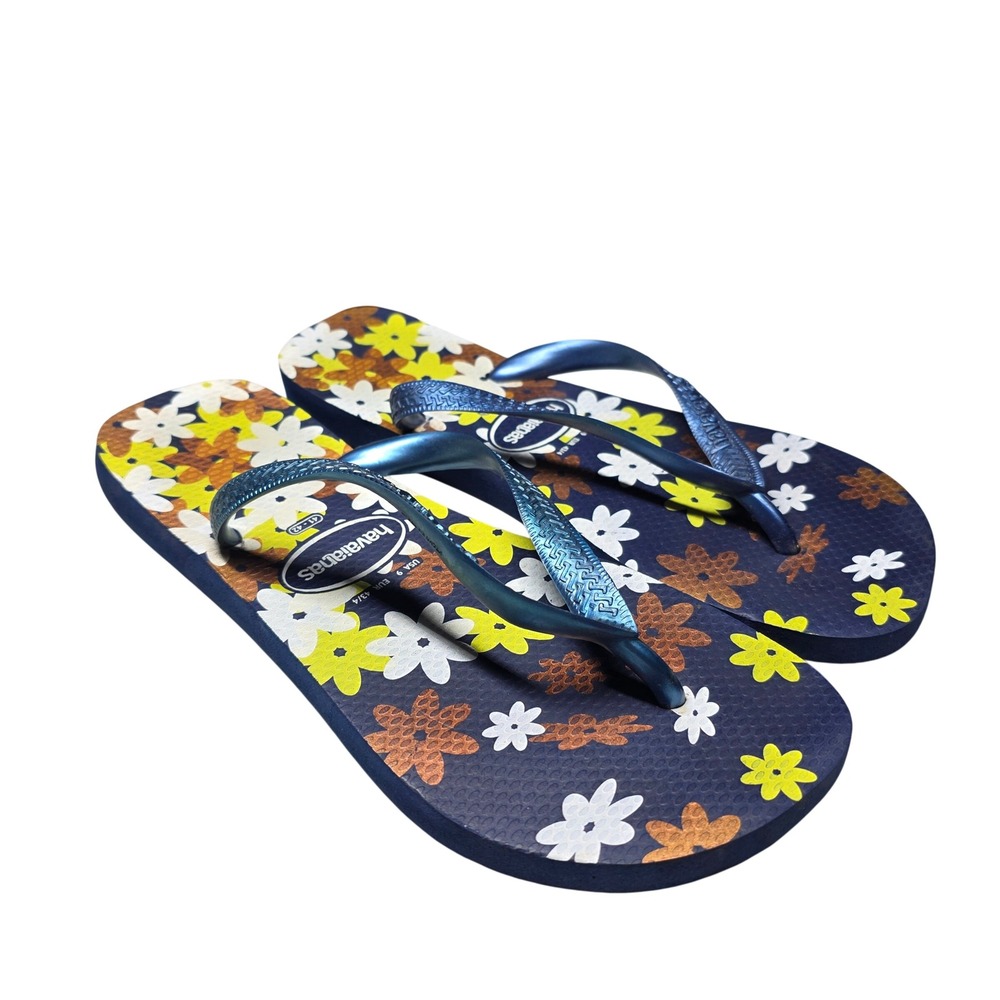 Havaianas Slim Floral Flip Flops Metallic Blue Daisy Print Sandals Womens Size 9